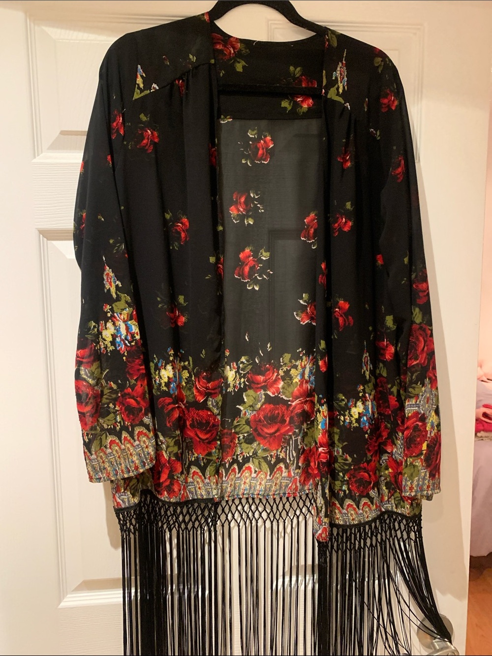 Black Floral Fringe Open-Front Kimono Shrug